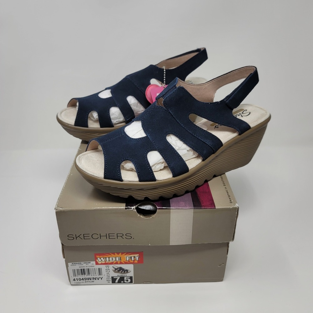 Skechers Suede Peep-toe Slingback Wedge Sandals Stylin' Navy Blue‎ Women Sz 7.5W